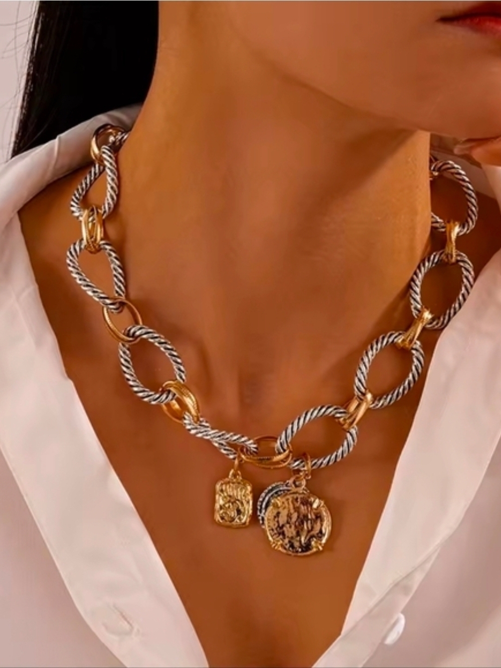 Two-Tone Twisted Link Coin Necklace - Gold & Silver - Picture 4 of 5